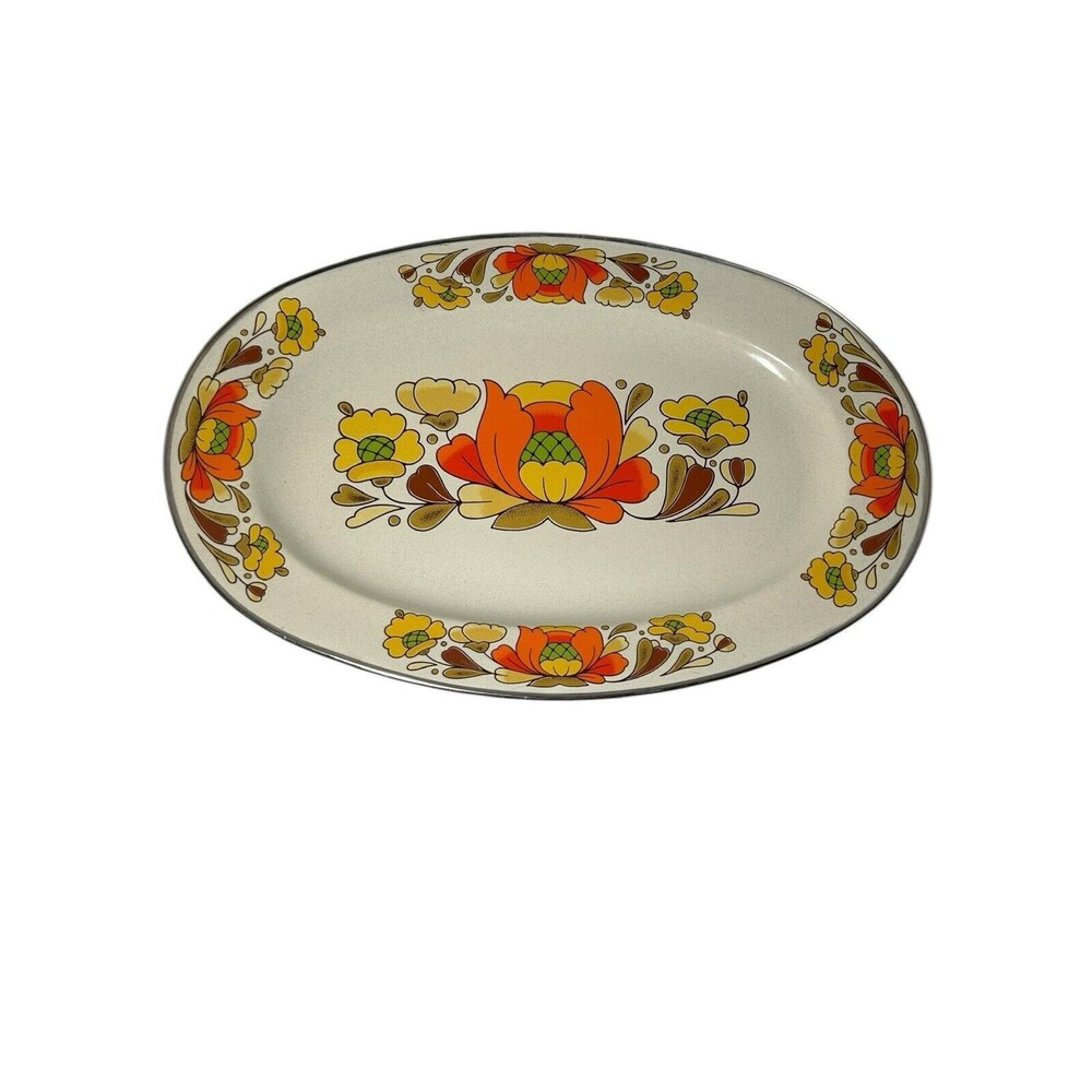 Vintage Turkey Platter 1970s Orange Yellow Enamel Ware Country Flowers Japan 18”